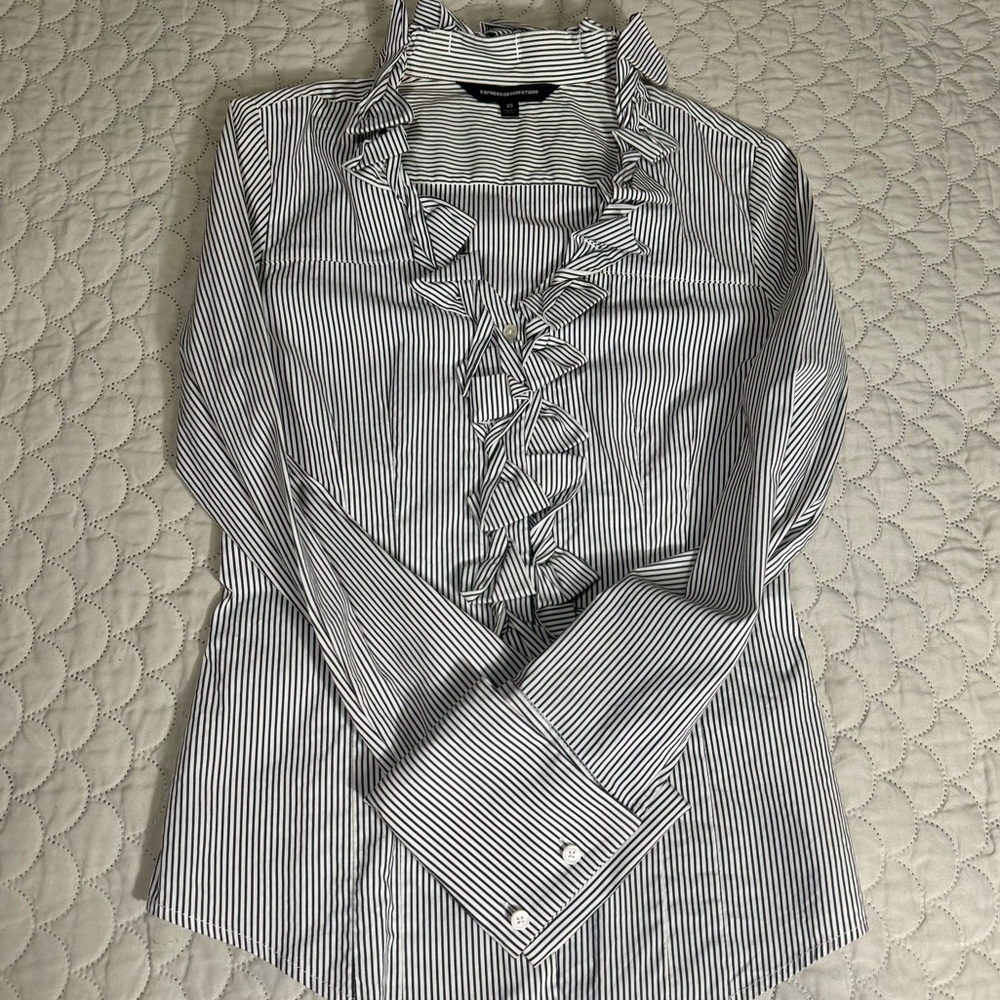 Express Black and White Striped Ruffle Button Down Shirt with Collar, XS